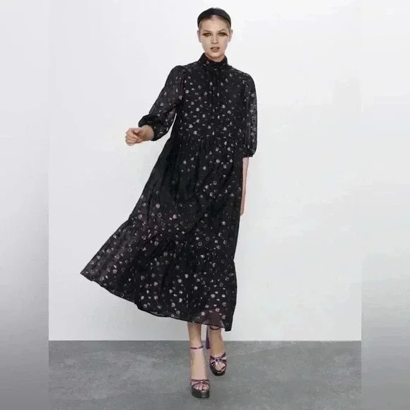 NWT ZARA Pink Polka Dot Voluminous Black Midi Dress Women’s M - Picture 2 of 13
